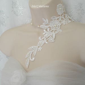 Wedding Necklace Sofia Lace Guipure of Venice Off-White Clear Ivory Pearls and Rhinestones of Swarovski image 4