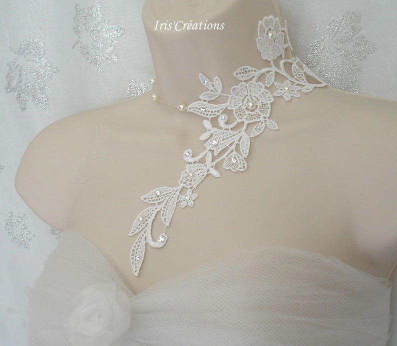 Wedding Necklace Sofia Lace Guipure of Venice Off-White Clear Ivory Pearls and Rhinestones of Swarovski image 4