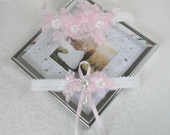Jarretière double dentelle et fleurs dentelle blanc cassé et rose perles et strass de swarovski