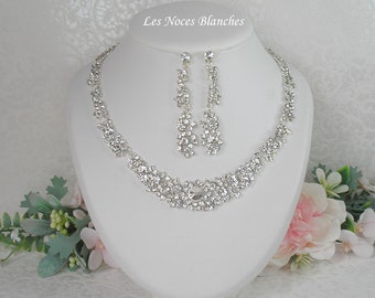 Collier mariage et boucles d'oreilles argenté strass cristal