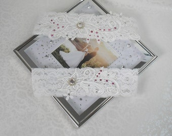 Jarretière double fleurs dentelle blanc cassé perles et strass cristal rose de swarovski