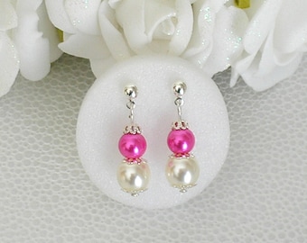 Boucles d'oreilles Bora Bora perles ivoire et fuchsia