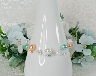 Bracelet Mariage Nouméa perles blanches abricot et turquoise clair