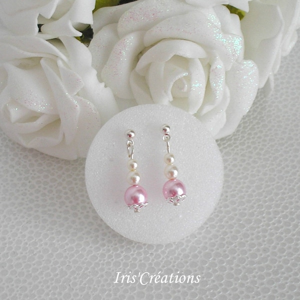 Boucles d'oreilles enfant Sissi perles ivoire et rose poudré