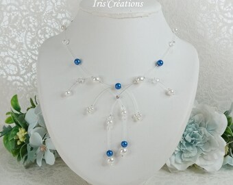 Eva wedding necklace with royal blue white pearls and faceted crystal