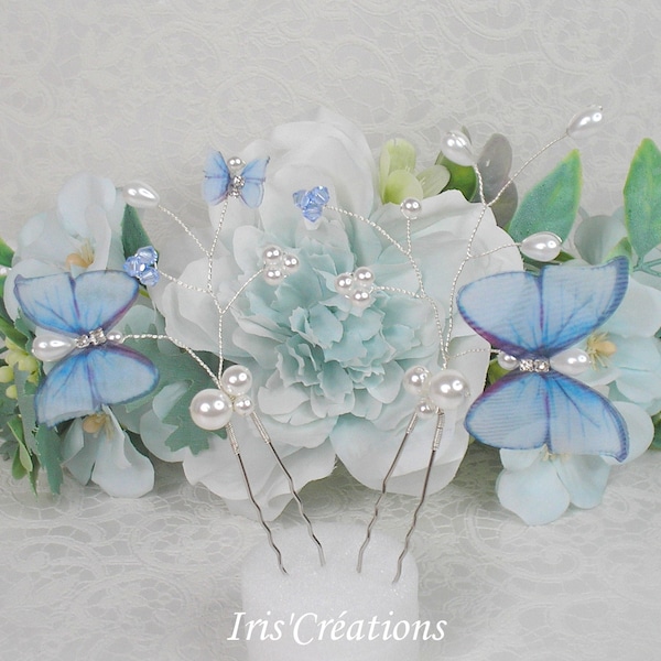 Parure sur pic chignon Isélia Papillon organza bleu rose ou violet mauve perles blanches et cristal de swarovski