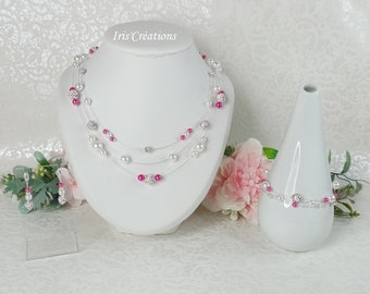 Parure Mariage Nouméa Strass  blanche et fuchsia 3 pièces