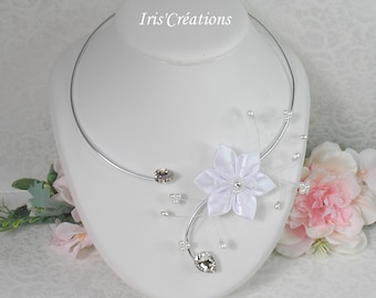 Wedding Necklace Maéva white satin flower and lace with swarovski rhinestones