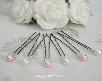 Pic chignon perles renaissance rose poudré et blanc lot de 6