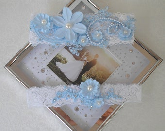 Double garter white lace flowers blue lace flowers sky beads and rhinestones of swarovski