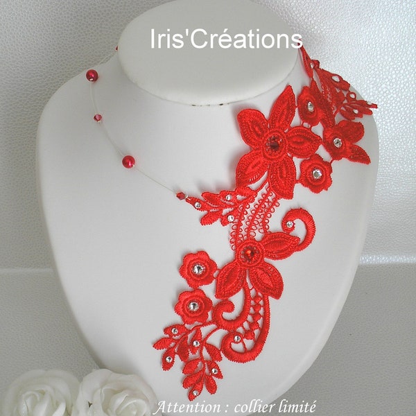 Collier Mariage Ornella dentelle guipure de venise rouge perles et strass de swarovski