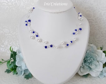 Collier Mariage Marina perles blanches et perles en verre bleues Royal