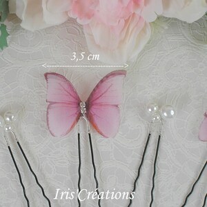 Isélia Butterfly bun picks double organza Pink blue or purple and white pearls set of 6 image 3