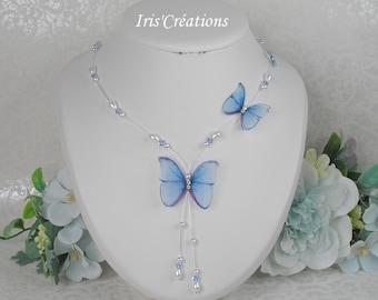 Collier Isélia Papillon organza bleu rose ou violet mauve perles blanches et cristal de swarovski