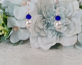 Marina earrings with white pearls and Royal blue glass pearls