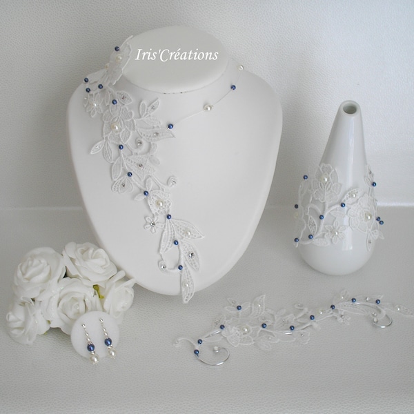 Parure Mariage Sofia dentelle blanc cassé - ivoire clair  perles et strass de swarovski ivoire et bleu nuit