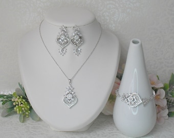 Wedding set Silver necklace bracelet and earrings and crystal rhinestones