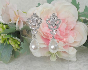 Boucles d'oreilles mariage argentées strass cristal zircon et perles blanches