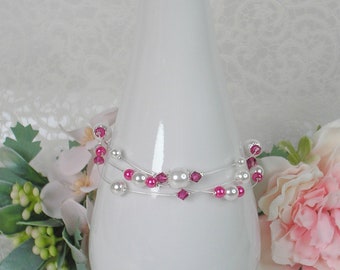 Bracelet mariage Elisa perles blanches et fuchsia et cristal de swarovski