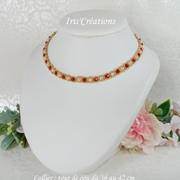 Collier Mariage Olivia perles renaissance blanches toupies cristal rouge et Miyuki doré