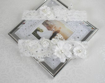 Jarretière double dentelle et fleurs dentelle blanc cassé perles et strass de swarovski