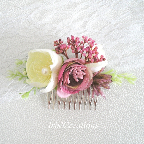 Peigne cheveux Fleurs Bohème Romantique ivoire et vieux rose