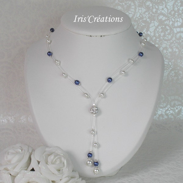 Wedding necklace Bora Bora Strass white and blue beads night