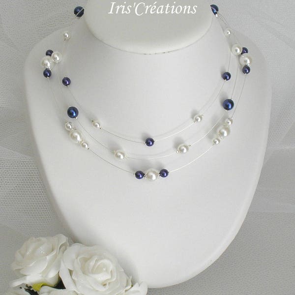 Collier mariage Nouméa perles blanches et bleues nuit