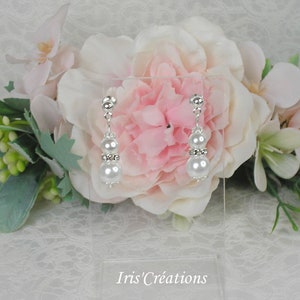 Boucles d&#39;oreilles Mariage ou Cérémonie Anna perles blanches nacrée et rondelles strass
