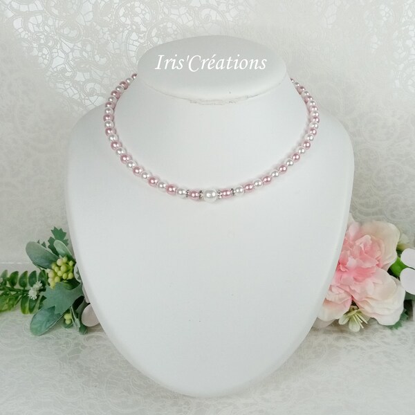 Collier Mariage Lysiana perles renaissance blanches rose pale et rondelle strass