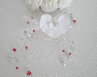 Parure cheveux sur peigne Catalina orchidée plumes de coq perles blanche rouge et strass de swarovski