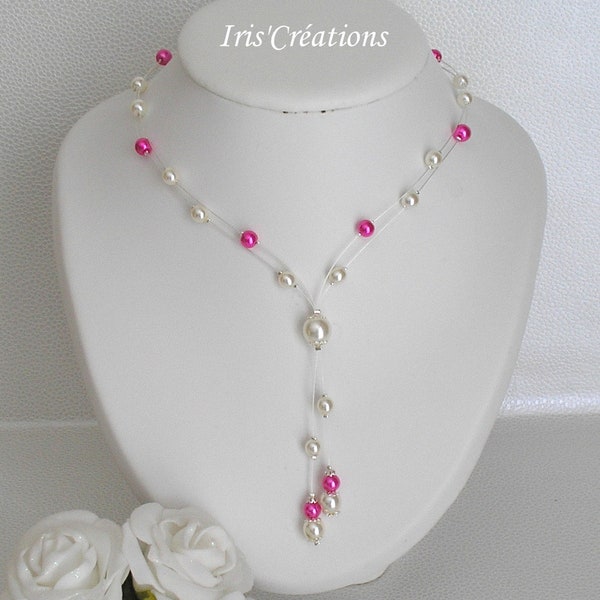 Collier Mariage Bora Bora perles ivoire et fuchsia