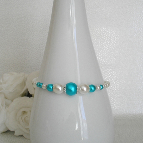 Bracelet Mariage Gina perles blanches et turquoise