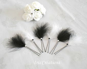 Pic chignon plumes et perles blanches et noires  lot de 6