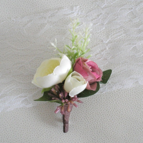 Boutonnière Homme fleurs Bohème ou Romantique Ivoire et Vieux Rose