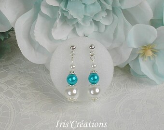 Boucles d'oreilles Délia perles blanches et turquoise