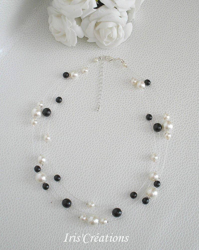 Noumea ivory pearls and black wedding necklace