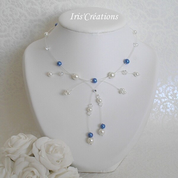 Collier mariage Eva perles blanches bleues roi et cristal à facettes