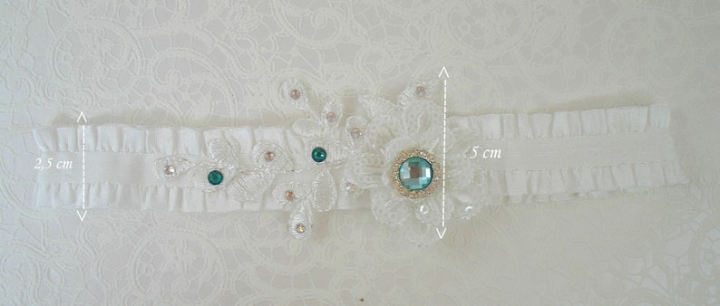 Garter double flowers off-white lace beads and rhinestones turquoise crystal of swarovski image 5