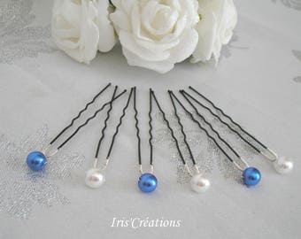 Pic chignon perles renaissance blanc et bleu roy lot de 6