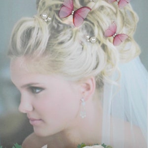 Isélia Butterfly bun picks double organza Pink blue or purple and white pearls set of 6 image 2