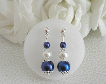 Boucles d'oreilles Délia perles bleues nuit et blanches