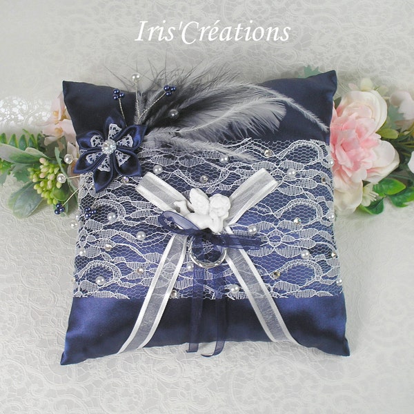 Coussin d'alliances mariage ref Valentina bleu marine blanc et strass de swarovski