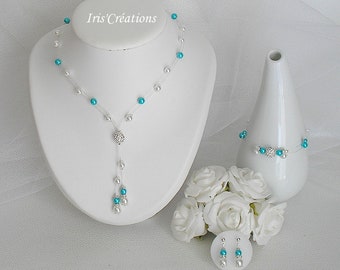 Parure Mariage Bora Bora Strass 3 pièces blanche et turquoise