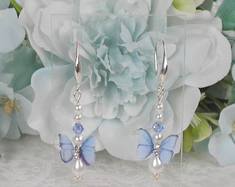 Boucles d'oreilles Isélia Papillon organza bleu rose ou violet mauve perles blanches et cristal de swarovski