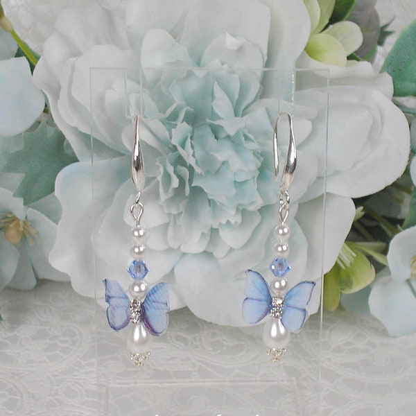 Boucles d'oreilles Isélia Papillon organza bleu rose ou violet mauve perles blanches et cristal de swarovski