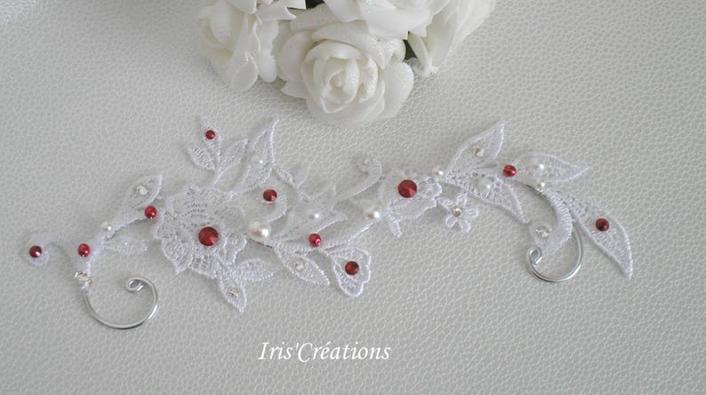 Parure Mariage Sofia dentelle blanche perles et strass de swarovski blanc et rouge image 6