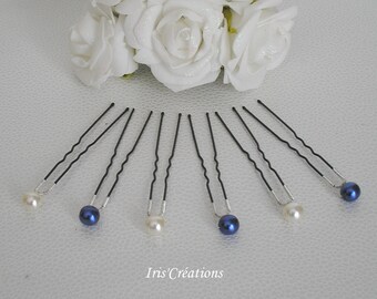 Pic chignon perles renaissance ivoire et bleu nuit lot de 6