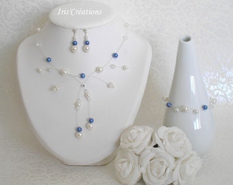 Eva wedding adornment white pearls royal blue and crystal 3 pieces