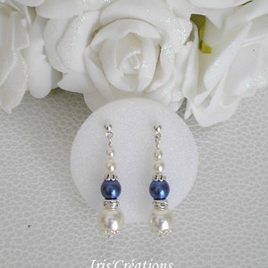 Boucles d'oreilles ref Sofia perles renaissance ivoire bleu nuit et strass image 1